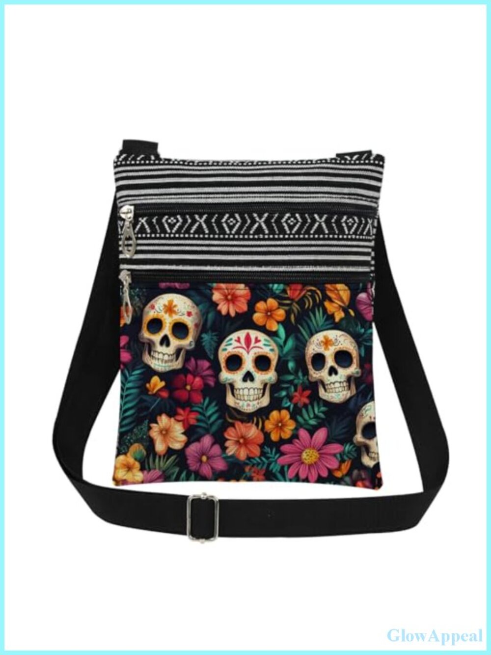 Sugar Skull Crossbody Bag Lightweight Polyester Adjustable Strap